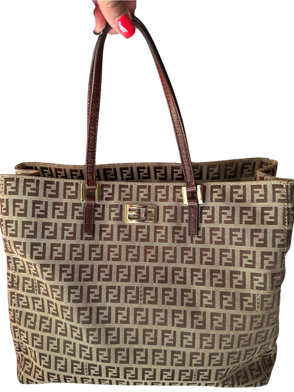 FENDI Zucca Tote Bag Vintage Brown Canvas Shoulder Bag Gold FF Hardware - Picture 3 of 11